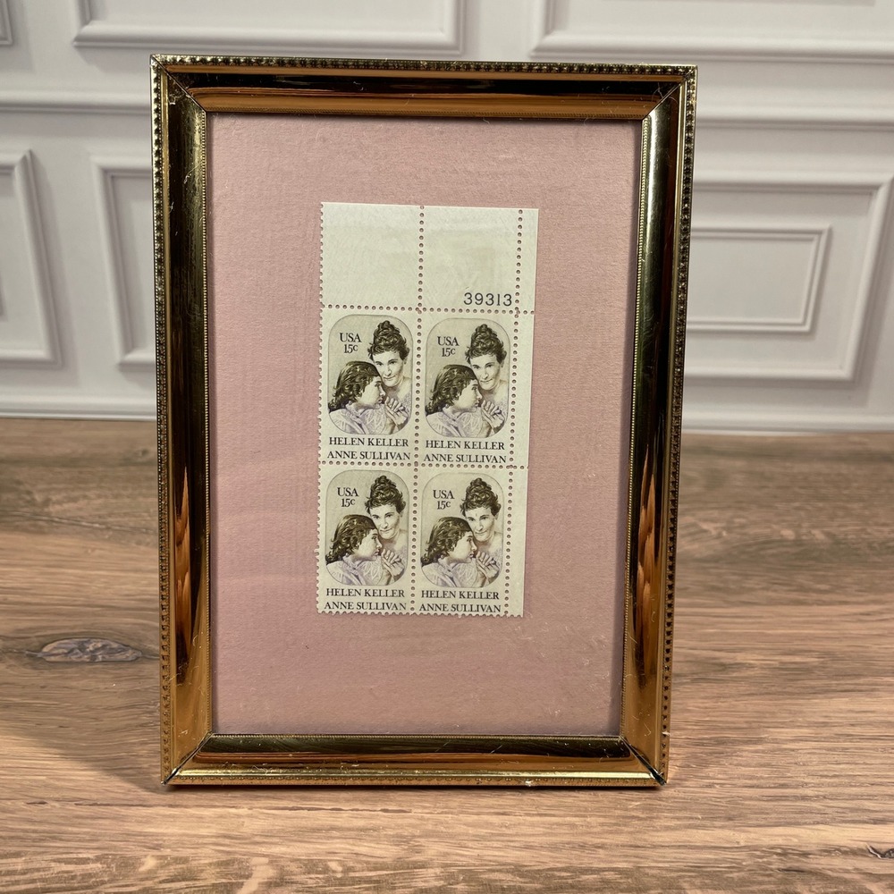 Vintage 1980 Helen Keller Anne Sullivan US Stamp in Decorative Gold Frame #39313
